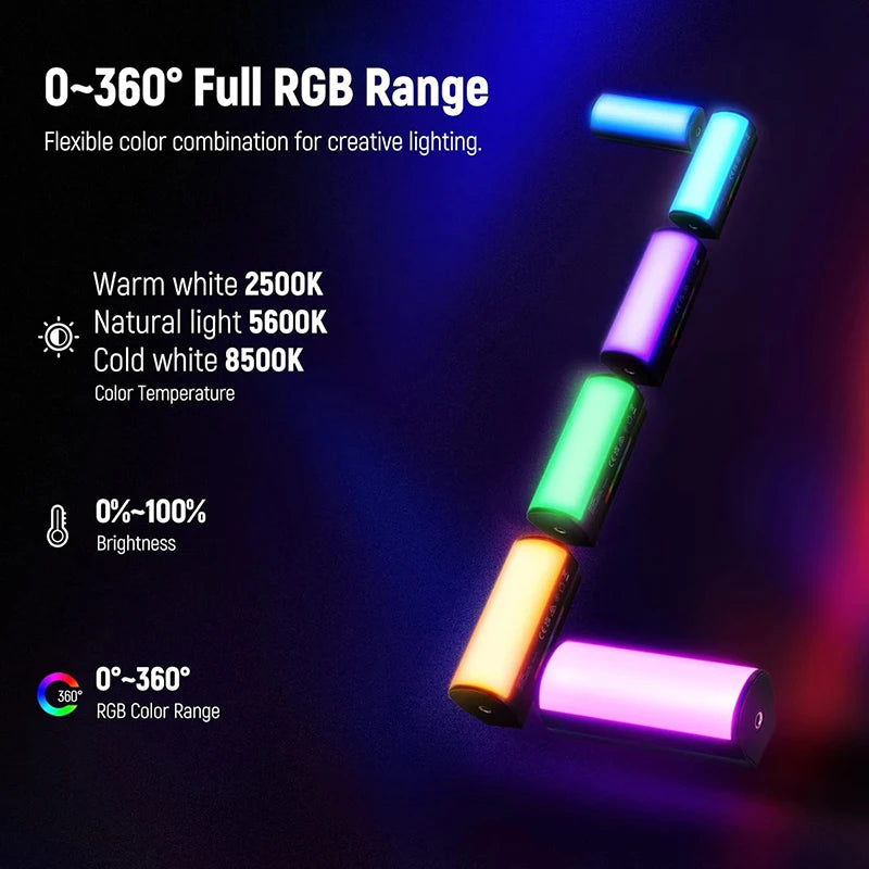 A flexible magnetic RGB light wand displaying a rainbow gradient of colors and brightness settings.