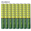 A set of green and yellow high-performance disposable AA and AAA dry cell batteries in cylindrical packaging.
