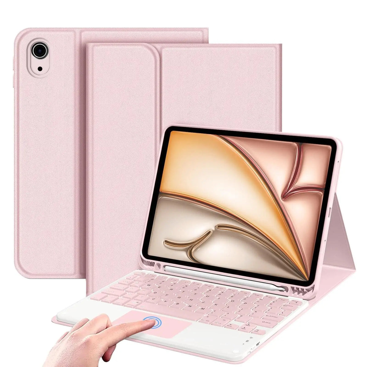 A pink Universal Protective Case with a keyboard for an iPad Air is shown, with a hand interacting with the device.