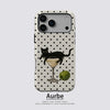 A phone case featuring a black cat martini pattern with white polka dots.