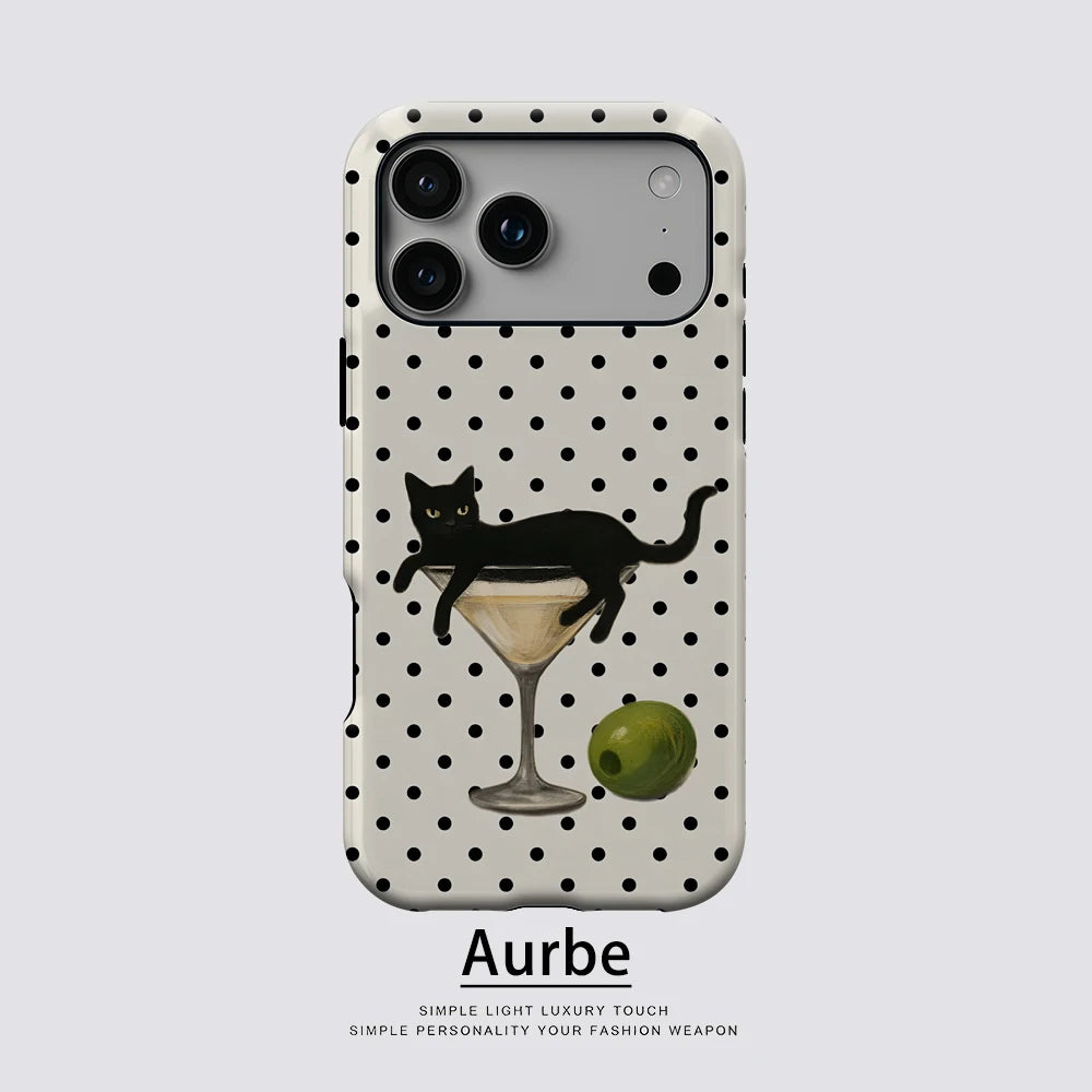 A phone case featuring a black cat martini pattern with white polka dots.