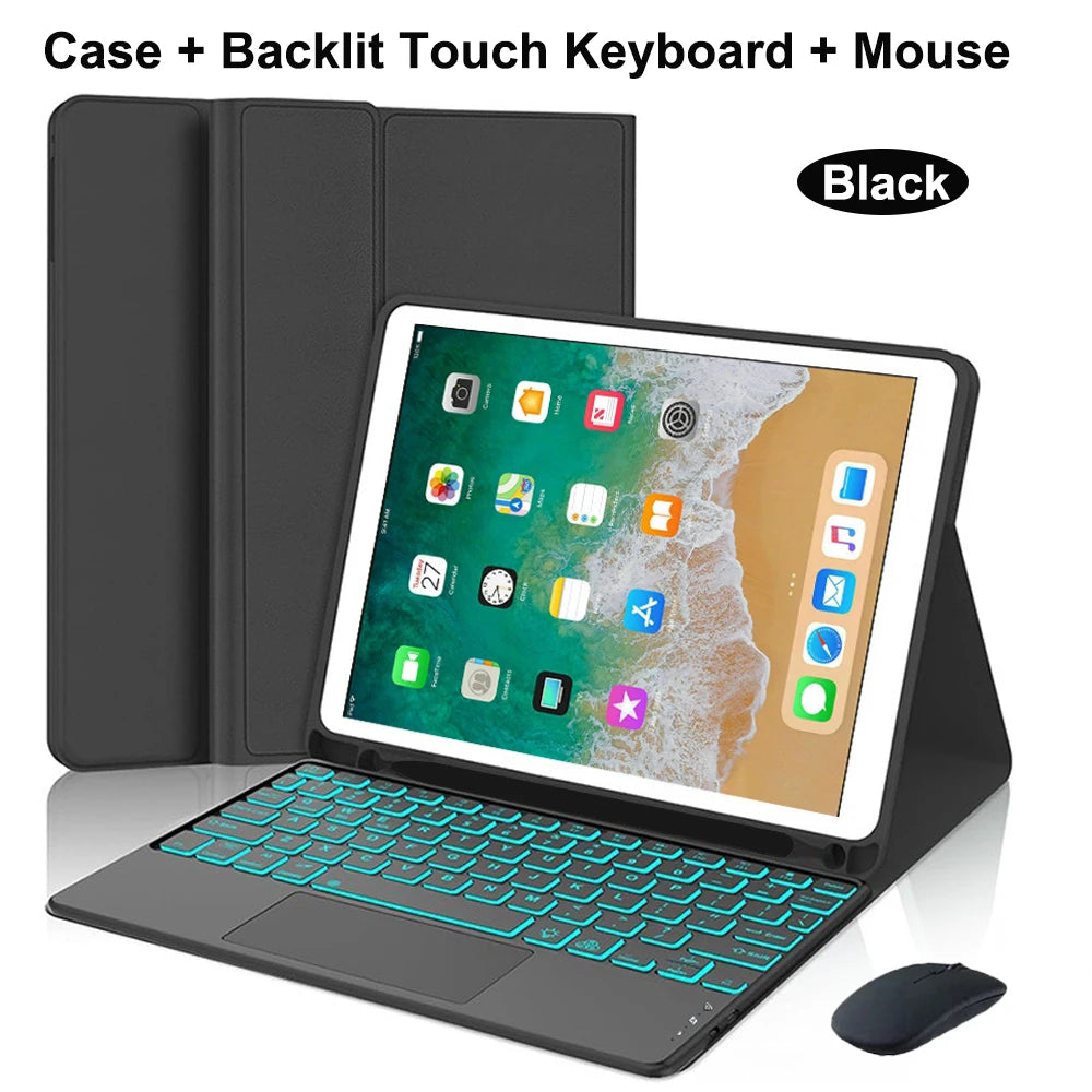 Black case and backlit touch keyboard and mouse for an iPad