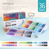 A set of 36 Languo D200 acrylic painting gel pens in various colors displayed in packaging and on a white tray.