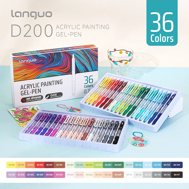 A set of 36 Languo D200 acrylic painting gel pens in various colors displayed in packaging and on a white tray.