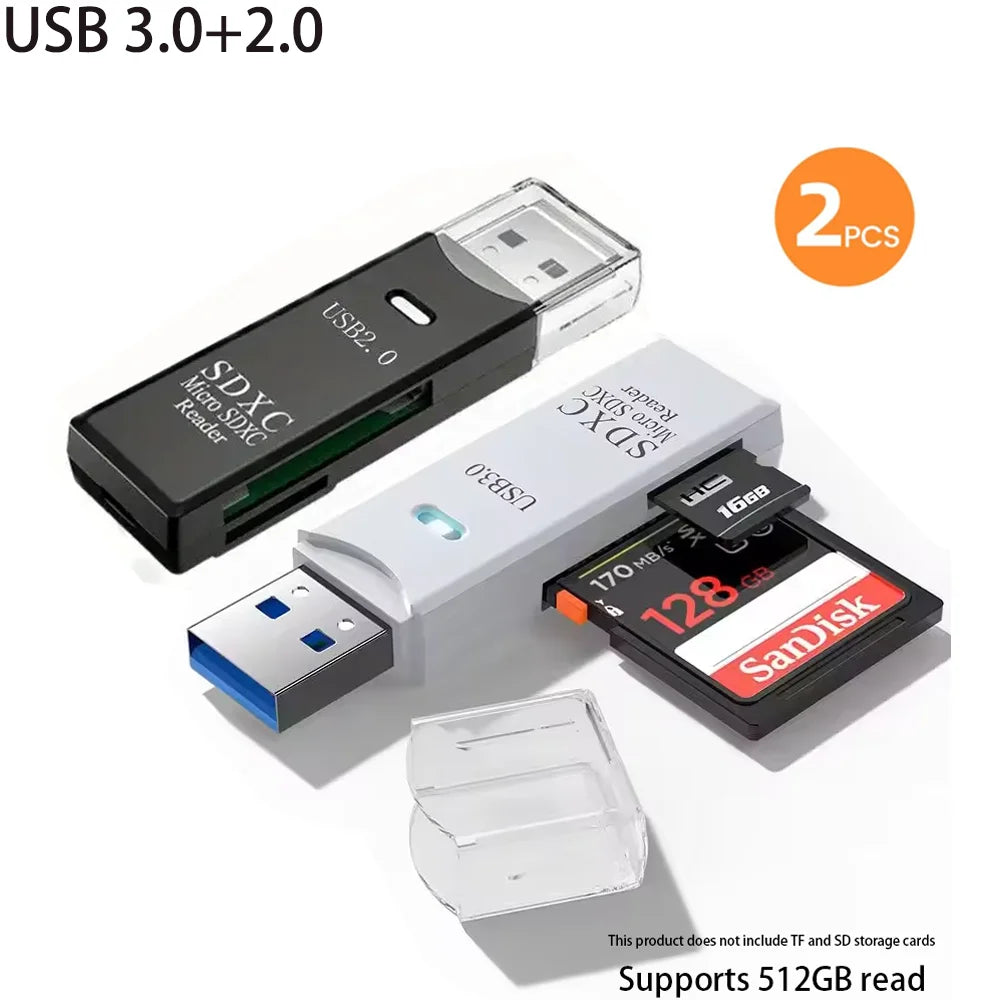 A set of two USB 3.0 SDXC card readers and a flash drive are shown on a white background.