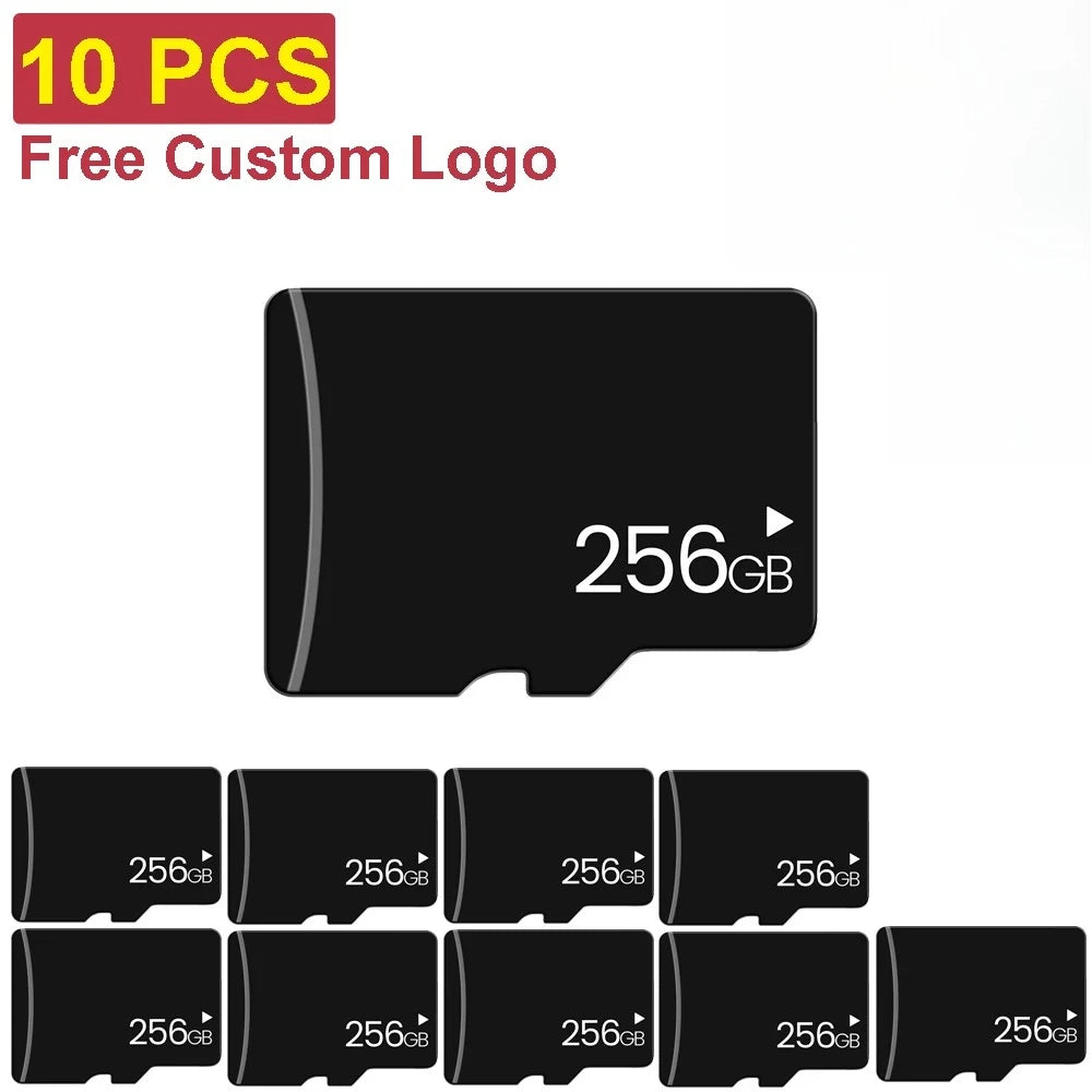 Ten black memory cards with 256GB capacity for custom logo printing