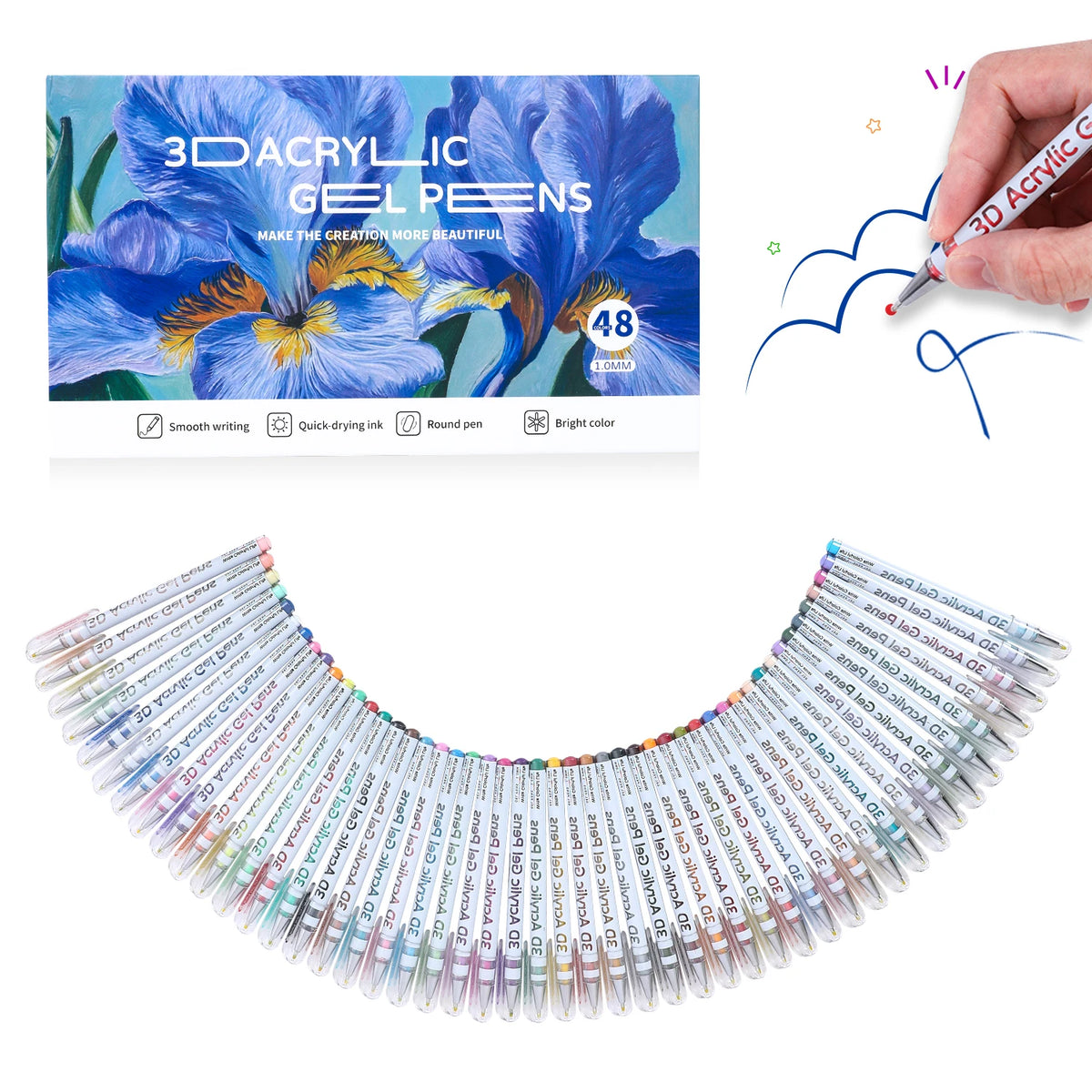 Un set de 48 bolígrafos de gel acrílico 3D en varios colores y puntas para escribir y decorar.