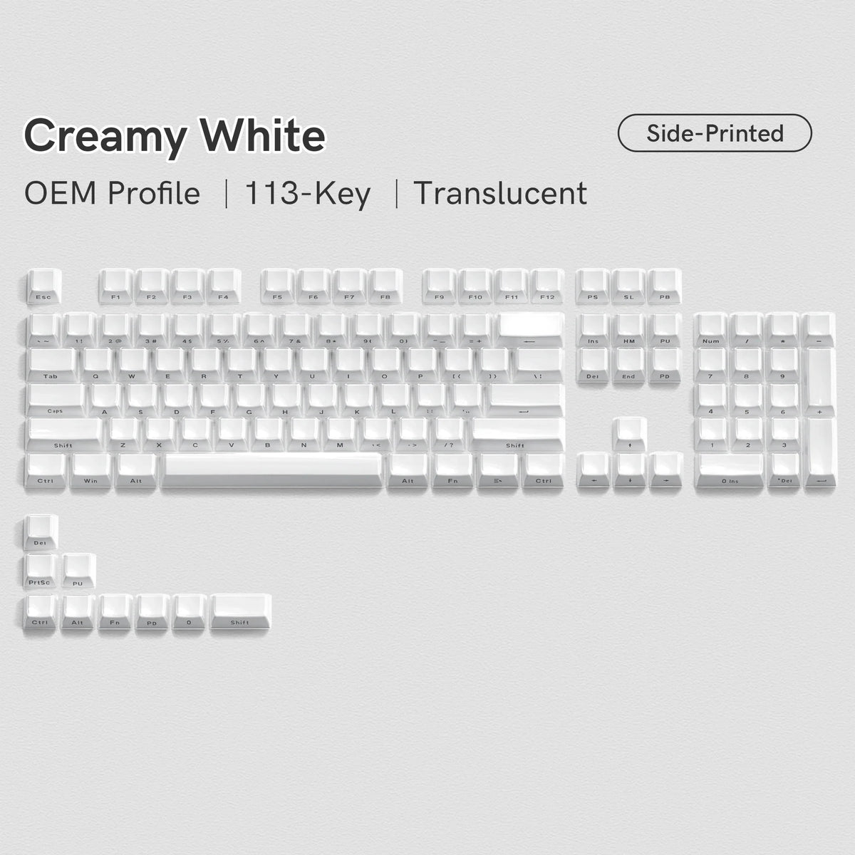 A layout of creamy white translucent OEM profile 113-key side-printed jelly keycaps for a mechanical keyboard