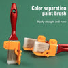 A color separation paint brush with a red handle and yellow ferrule applying paint straight and even.
