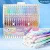 A clear plastic case holds a set of multicolor erasable gel pens with various shades.