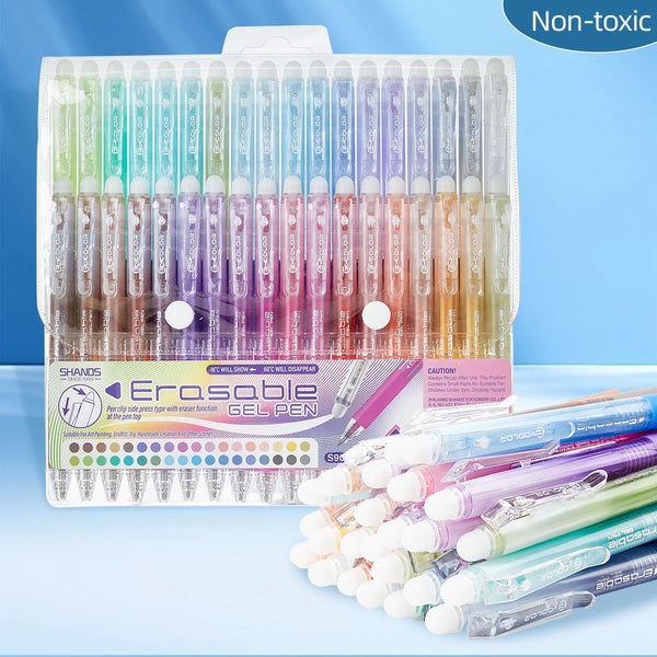 A clear plastic case holds a set of multicolor erasable gel pens with various shades.