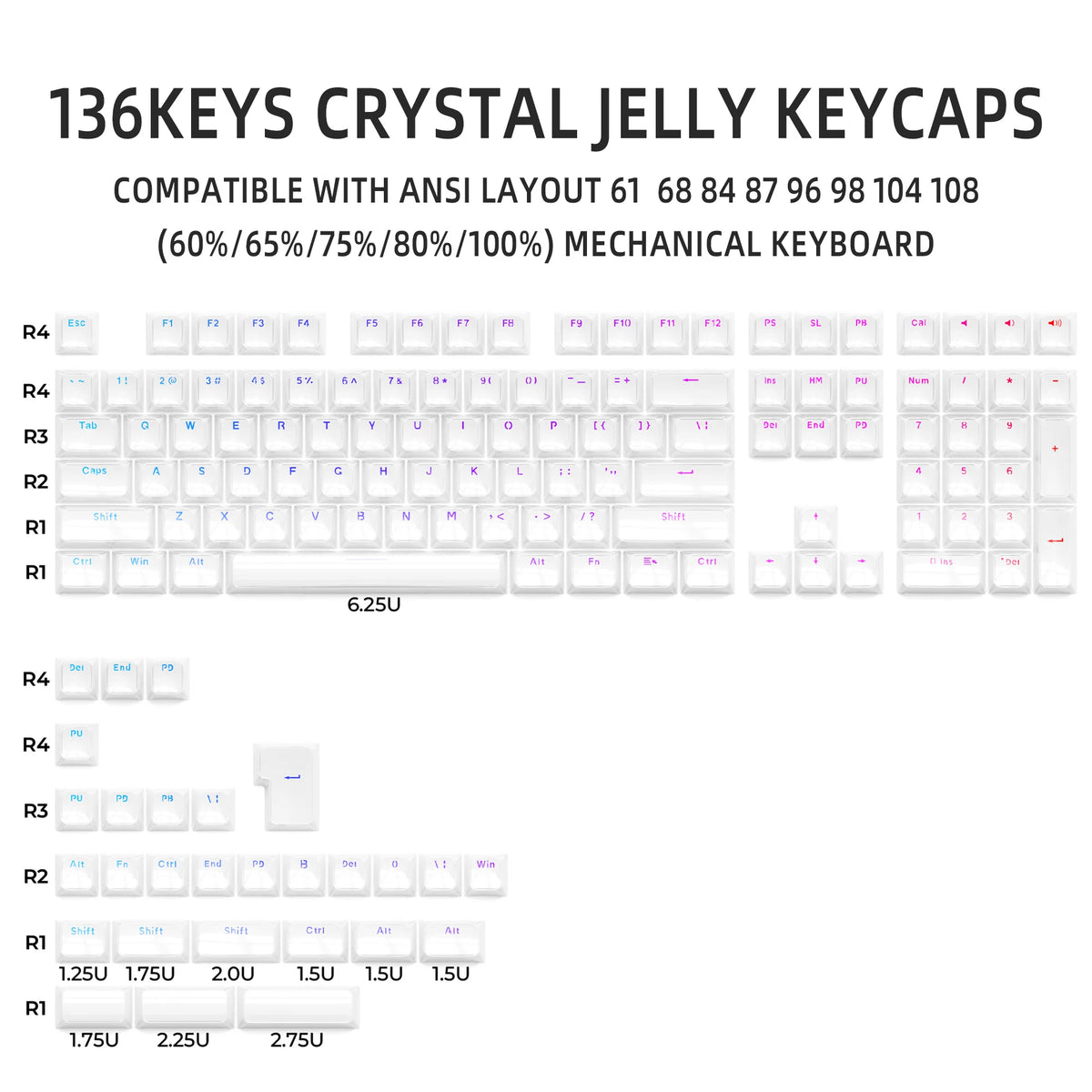 A set of 136 keys crystal jelly keycaps compatible with ANSI layout mechanical keyboards.