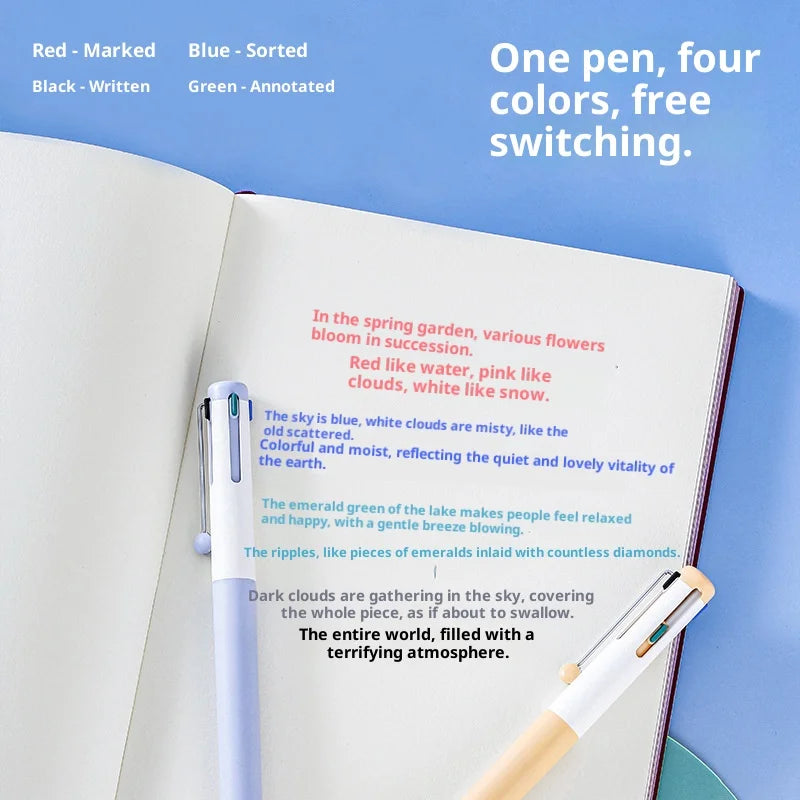A close-up of a multi-color gel pen set showing red, blue, and green ink writing on a page.