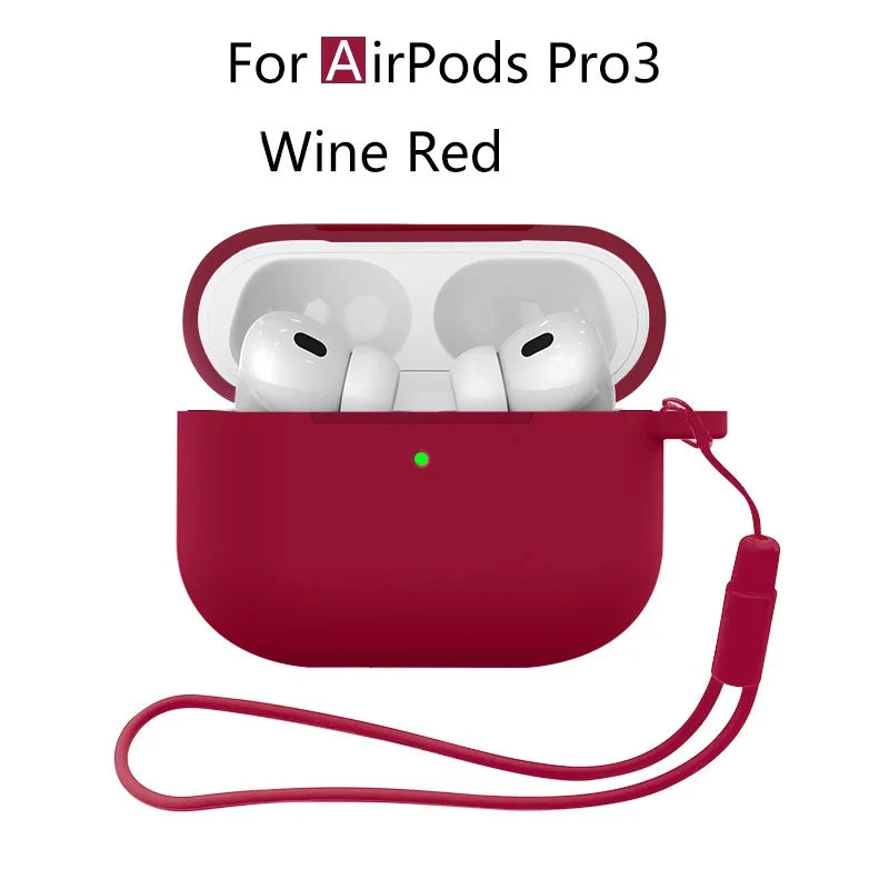 A red silicone protective case with a lanyard for AirPods Pro 3 earbuds.