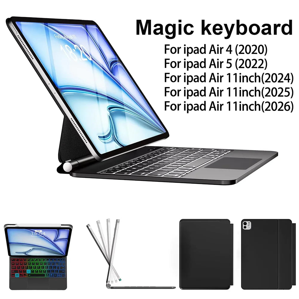 A black magic keyboard case designed for various iPad models, shown alongside the compatible iPads.