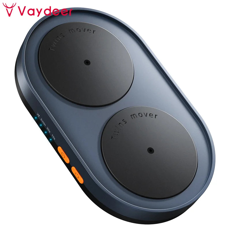 A dark gray ultra-slim mouse mover device with two circular sections labeled Twins mover and a timer display.