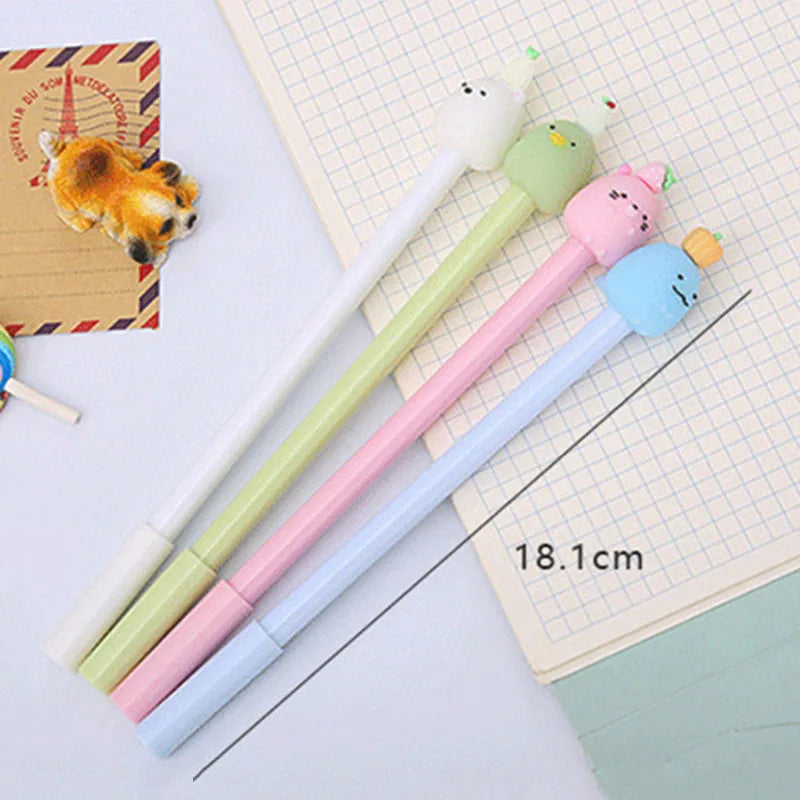 A set of six cute cartoon fruit gel pens in various pastel colors and shades