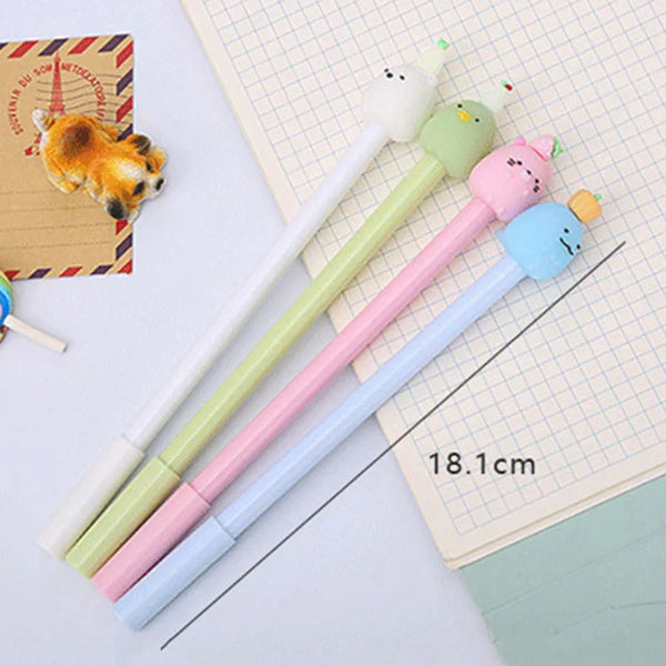 A set of six cute cartoon fruit gel pens in various pastel colors and shades