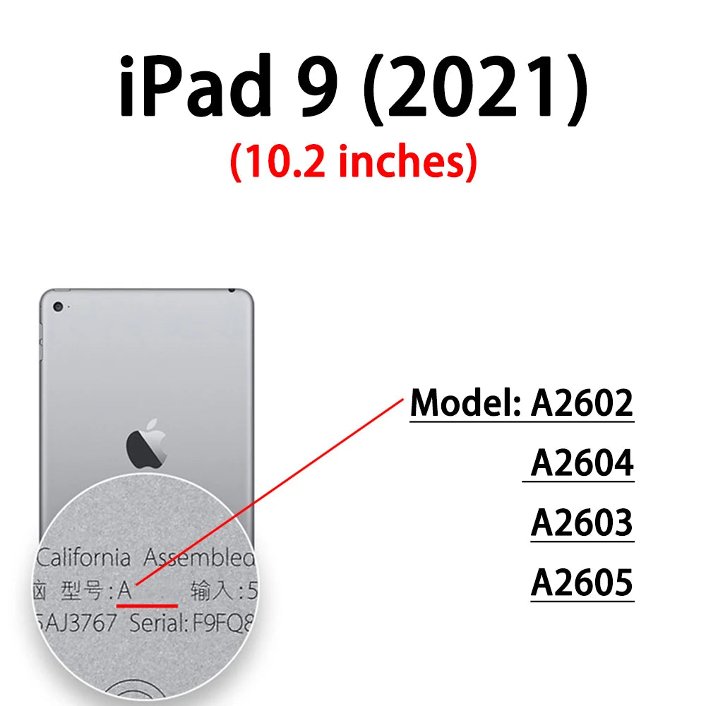 A close-up view of an iPad 9 (2021) showing the model number A2602 and related codes.