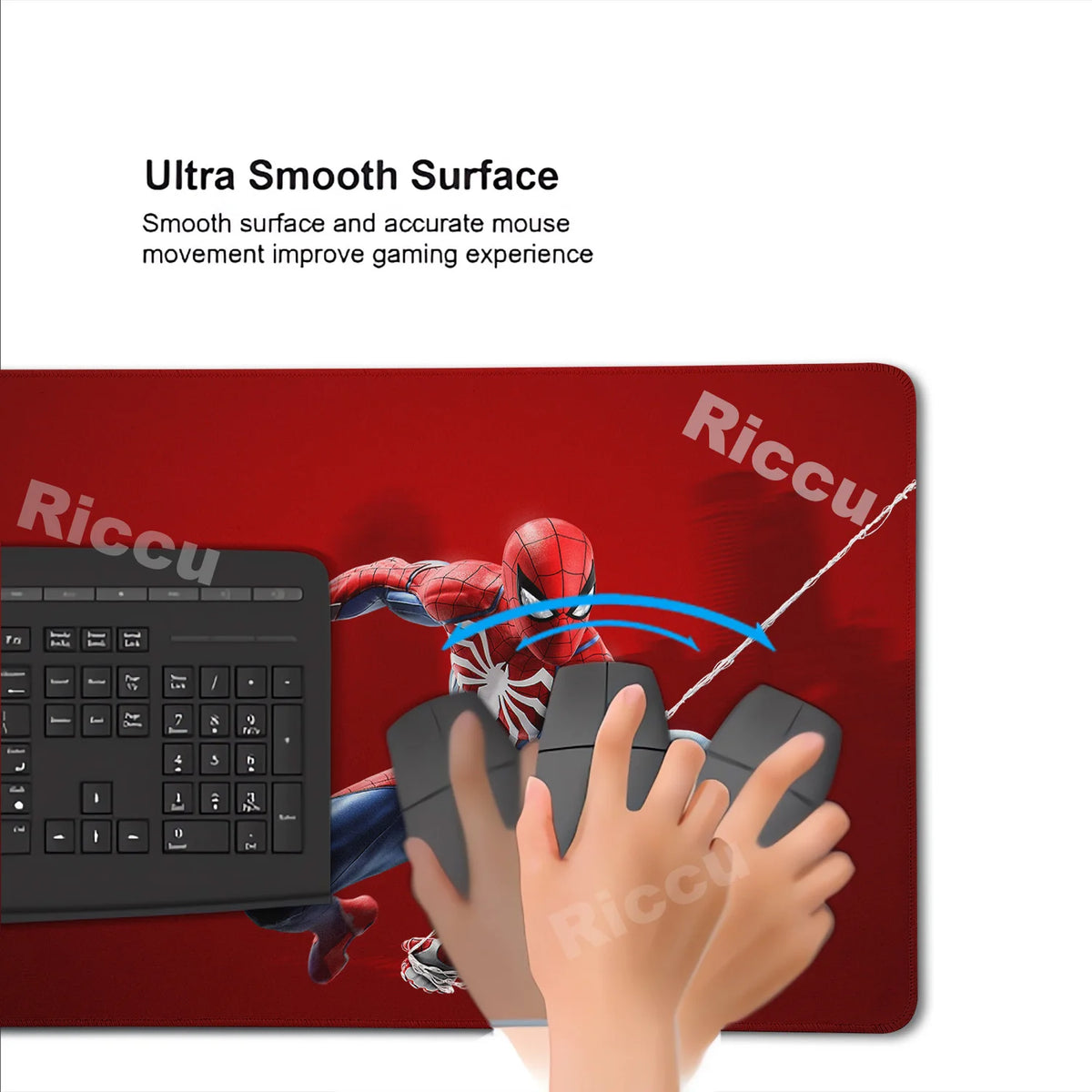 A hand is using a mouse on a red desk mat featuring a Spider-Man design.
