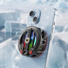 A close-up of a magnetic phone cooler attached to an iPhone, showing its design and features.