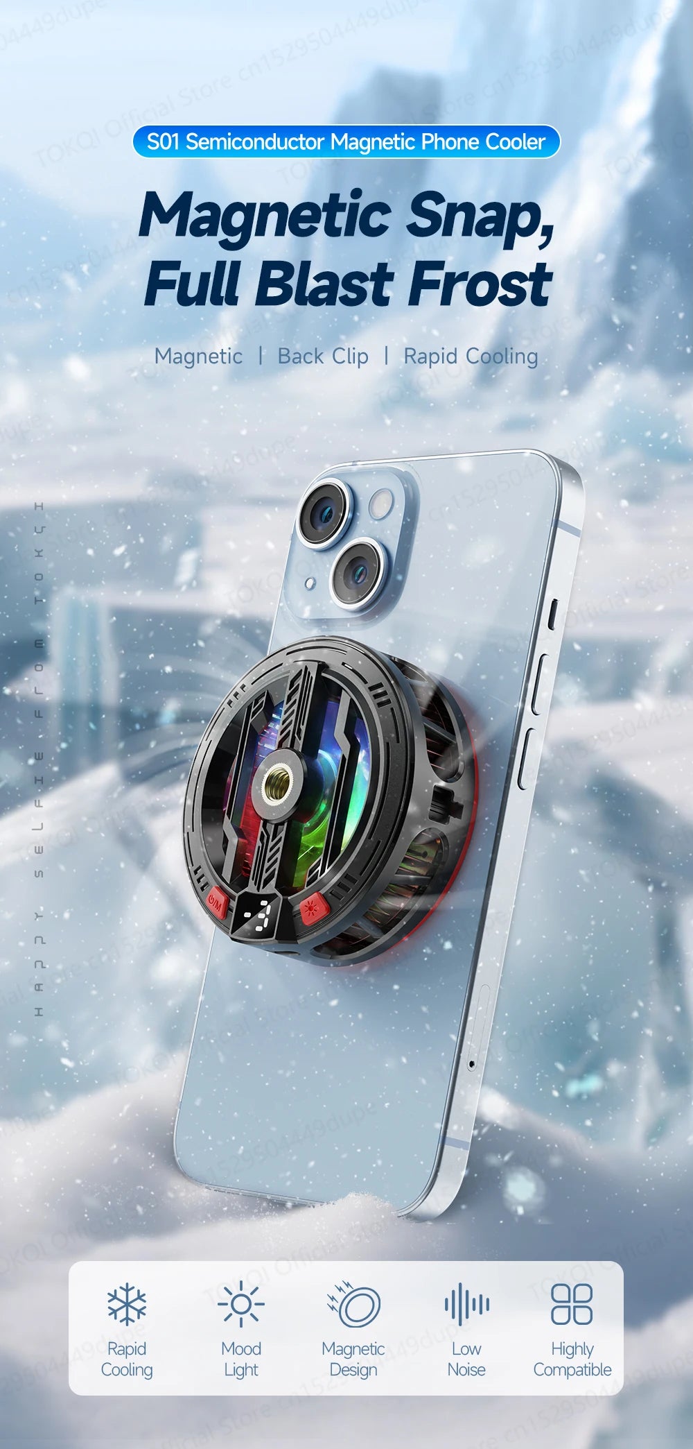 A close-up of a magnetic phone cooler attached to an iPhone, showing its design and features.