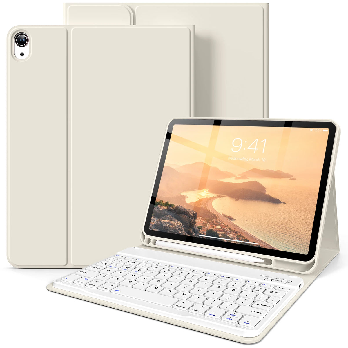 Beige Premium-Leder-Keyboardhülle für ein iPad, gezeigt mit dem Tablet und einer separaten Tastatur.