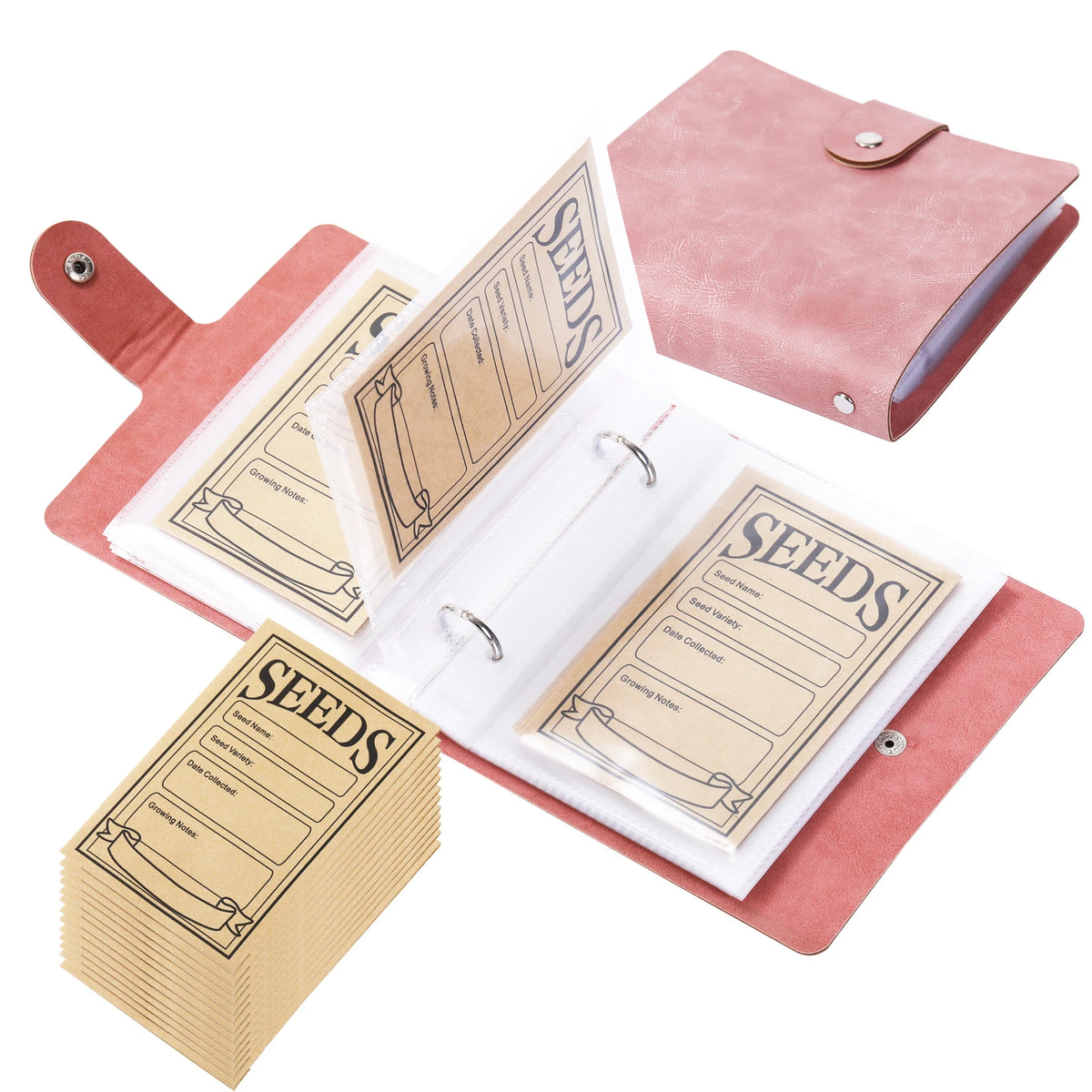 A set of pink leather seed storage organizers with internal paper sleeves and a cardboard folder.