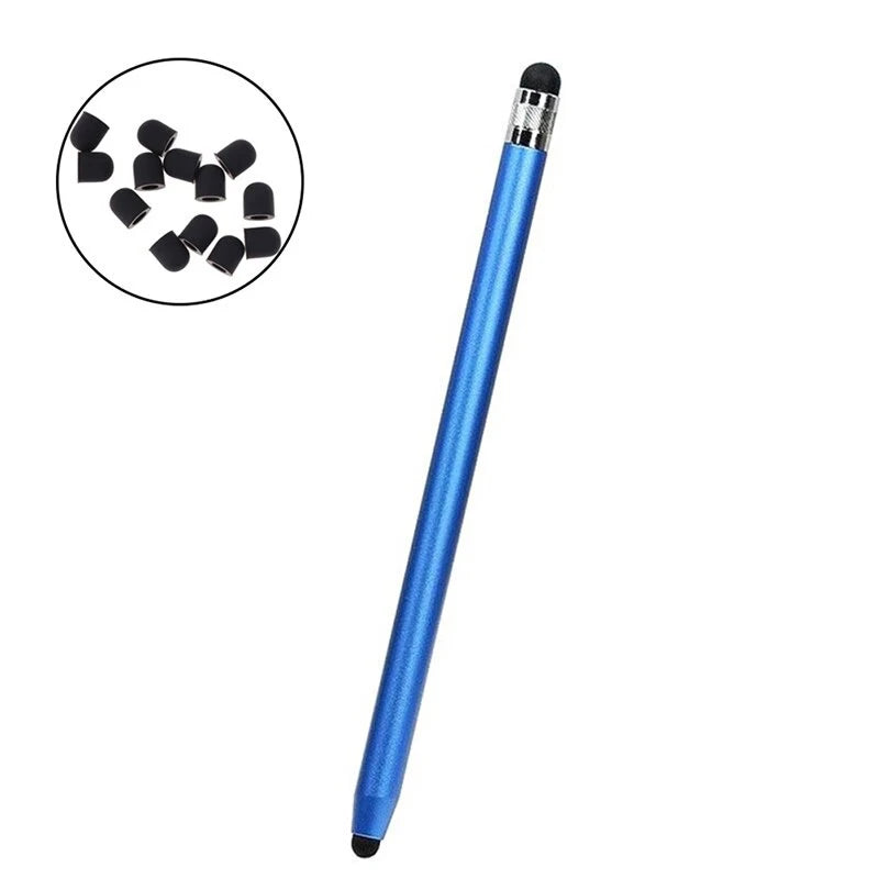 A blue double-ended stylus with a black tip and a circular inset showing multiple tips.