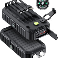 A black multi-function solar power bank with a display and LED lights is shown in various configurations.