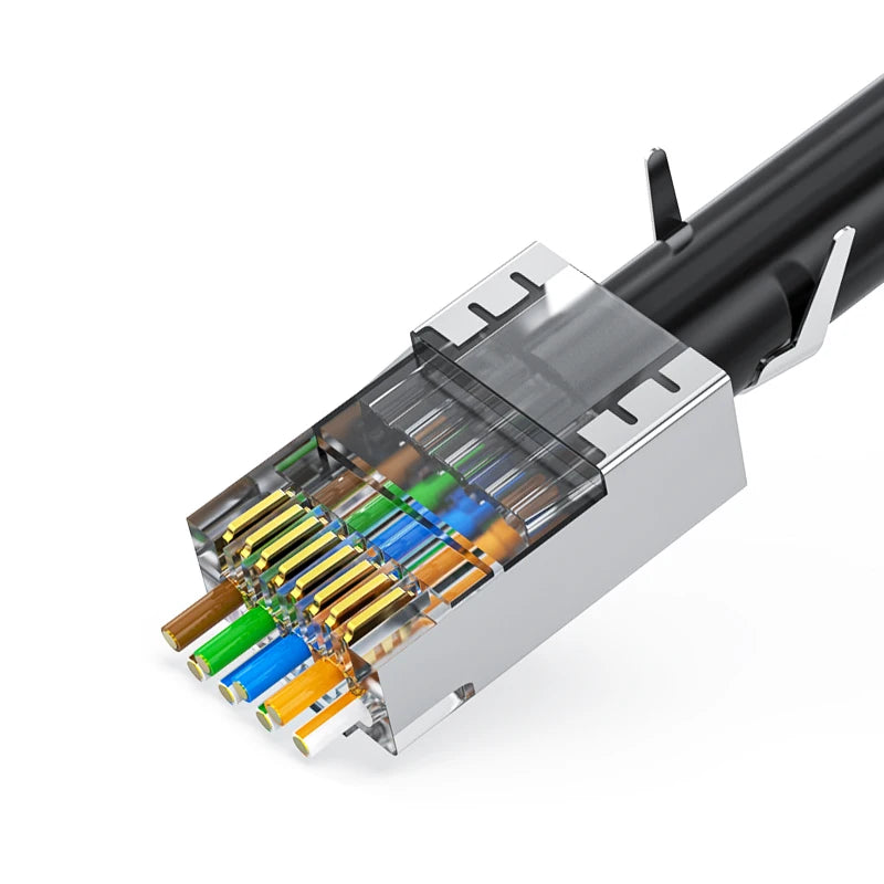 Close-up view of CAT6/CAT7 modular RJ45 connectors with various colored cables attached to a silver connector housing.