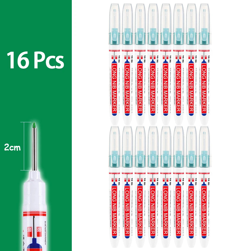 A set of 16 precision waterproof marking pens in various colors and tips arranged vertically.