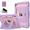 A pink and purple universal protective case for an Apple iPad is shown with accessories.