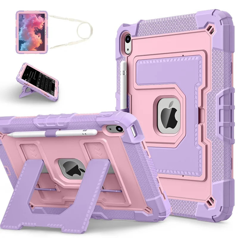A pink and purple universal protective case for an Apple iPad is shown with accessories.