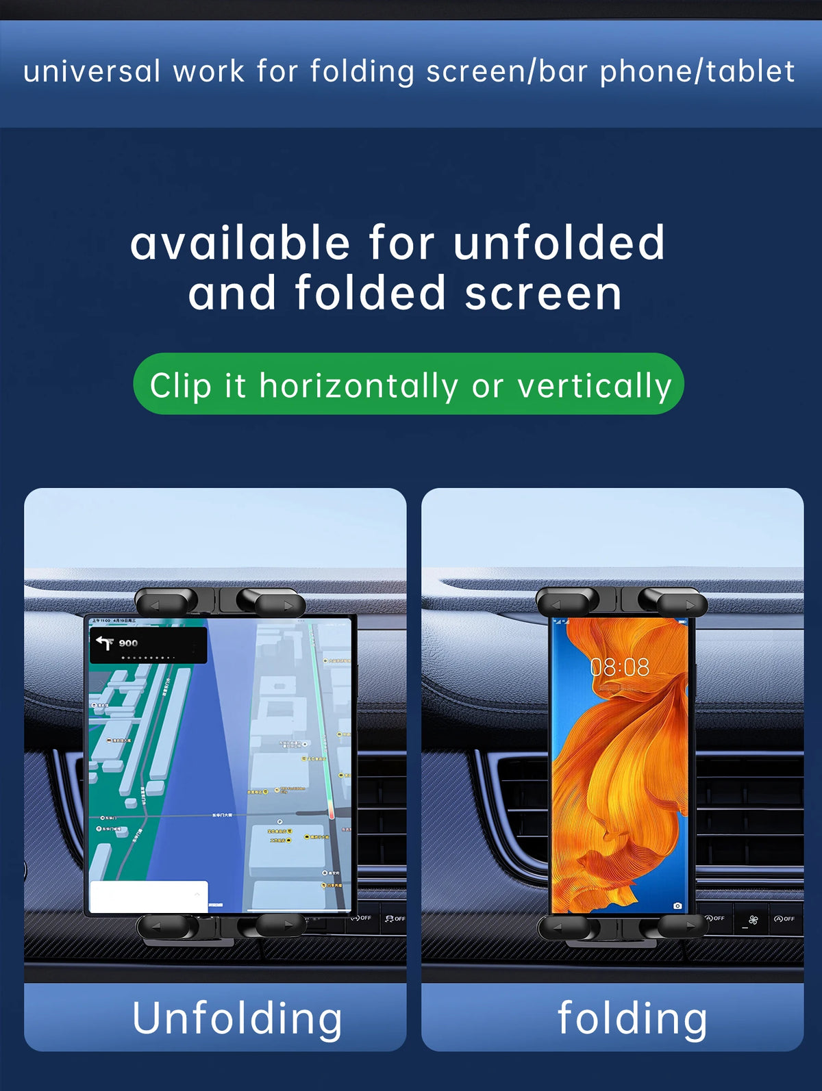 Demonstration of a universal work folding screen/bar phone/tablet mount for unfolded and folded screens.