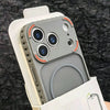 A white frosted magnetic silicone case for an iPhone is shown, featuring a camera module and a protective cover.