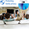A family is using a privacy webcam shutter slider on a laptop and tablet while sitting together.