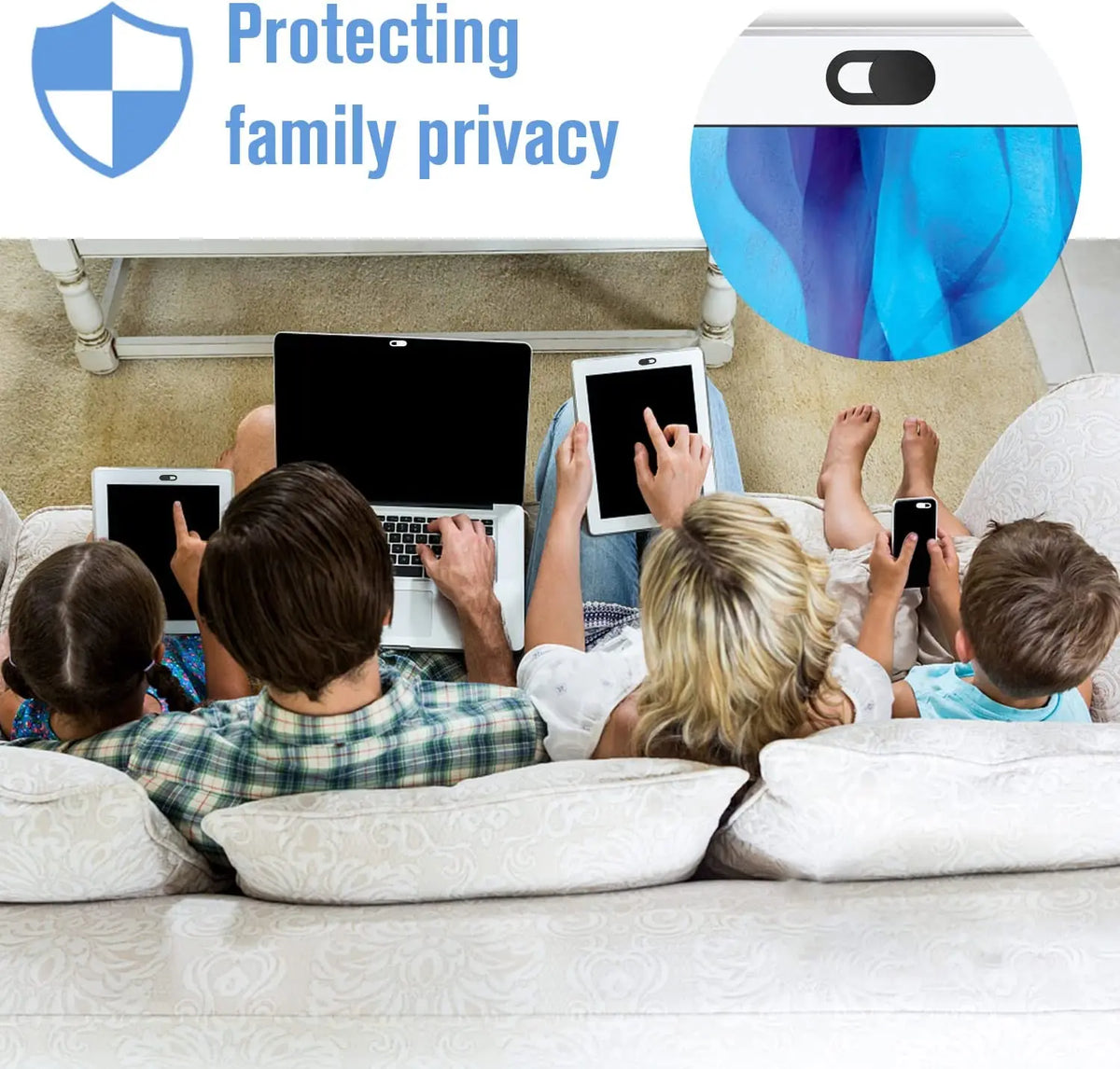 A family is using a privacy webcam shutter slider on a laptop and tablet while sitting together.