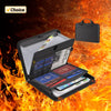 A black multi-compartment fireproof organizer file folder with a separate carrying case is shown against a fiery background.