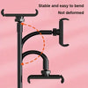 A black flexible gooseneck tablet and phone holder with a clamp, demonstrating its stable and bendable design.