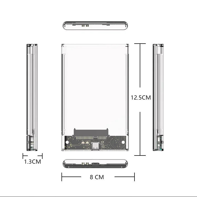 Diagramm mit den Abmessungen und Komponenten eines Gehäuses für eine 2,5-Zoll SATA SSD/HDD.