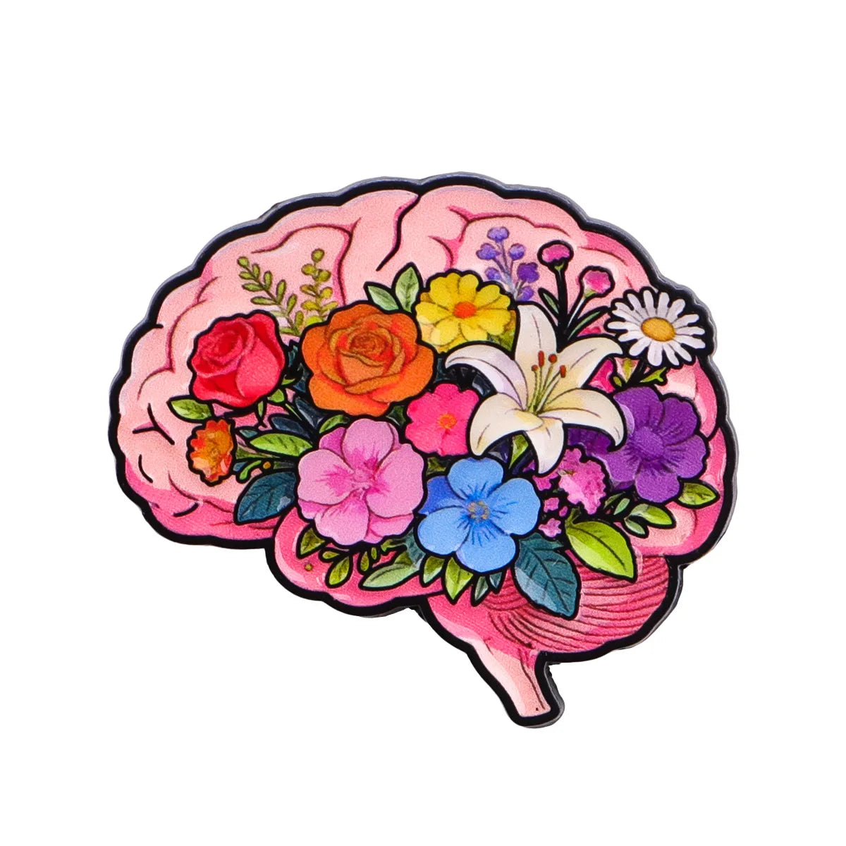 An enamel pin shaped like a pink brain filled with colorful flowers and leaves.