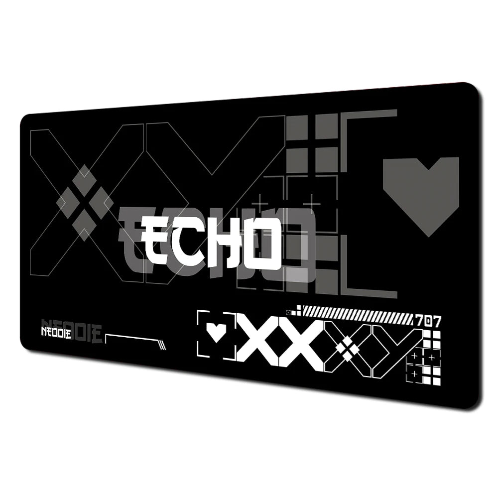 A black desk mat featuring a geometric design and the word ECHO in white text.