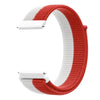 A close-up view of a red and white nylon loop watch strap for a child.