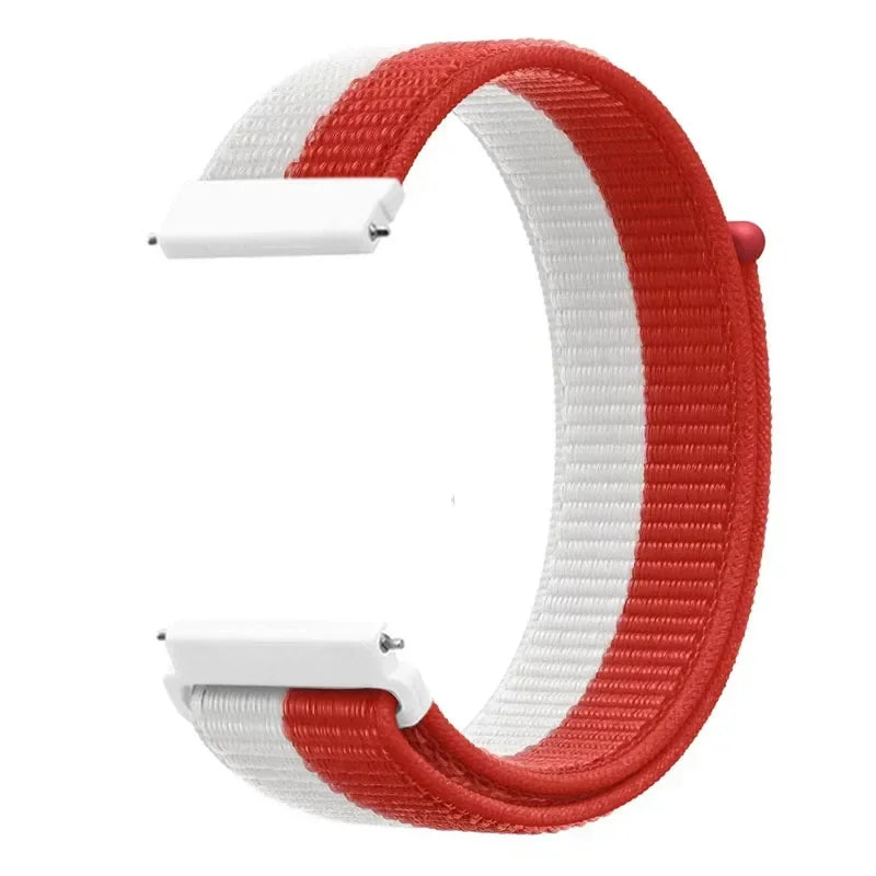 A close-up view of a red and white nylon loop watch strap for a child.