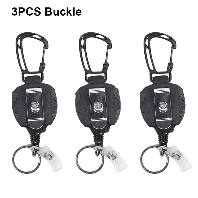 Three black buckle style tactical ID badge holder keychains displayed side by side