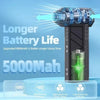 A portable battery pack for a dust blower showing various usage times and charging options.
