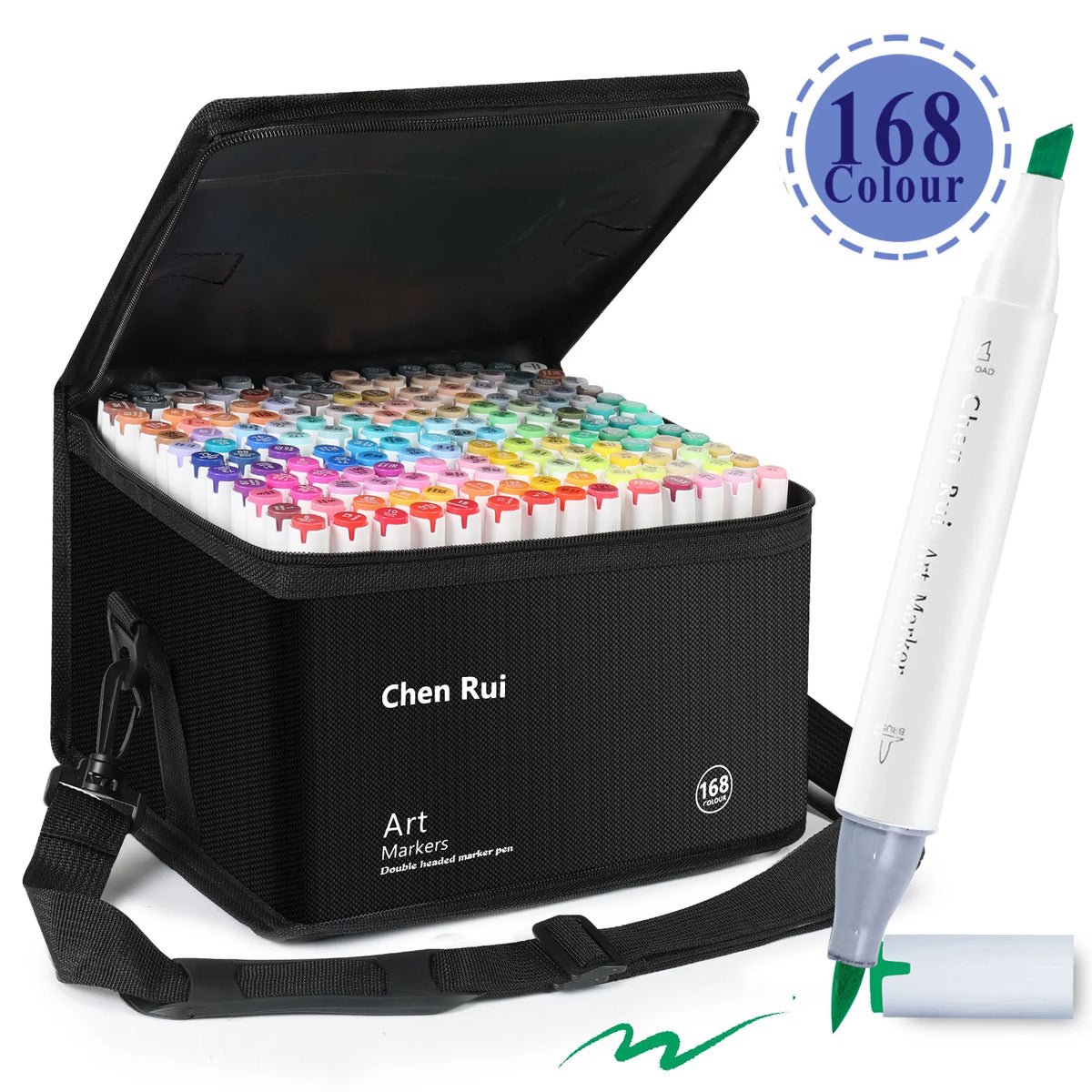A black box of Chen Rui art markers with a dual tip pen and color options displayed.