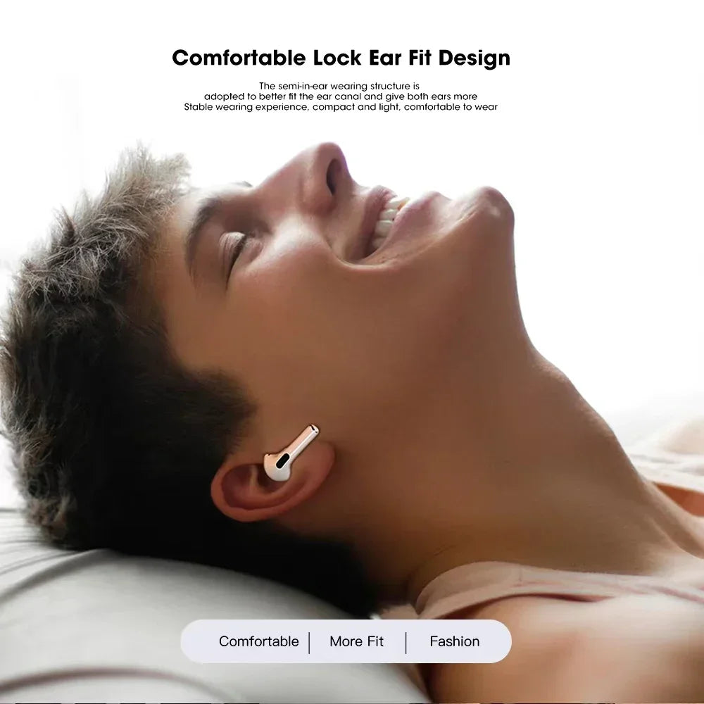 A person is shown wearing a small white earbud in their ear, demonstrating the comfortable fit of the product.