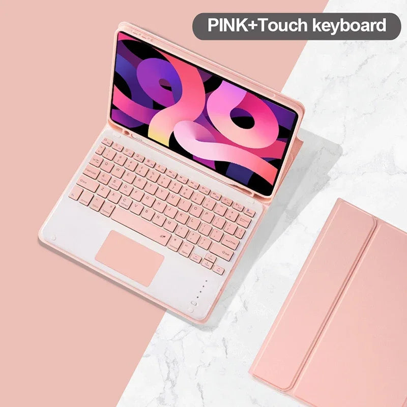 Pink+Touch keyboard case for an iPad showing a pink and purple design on the screen.